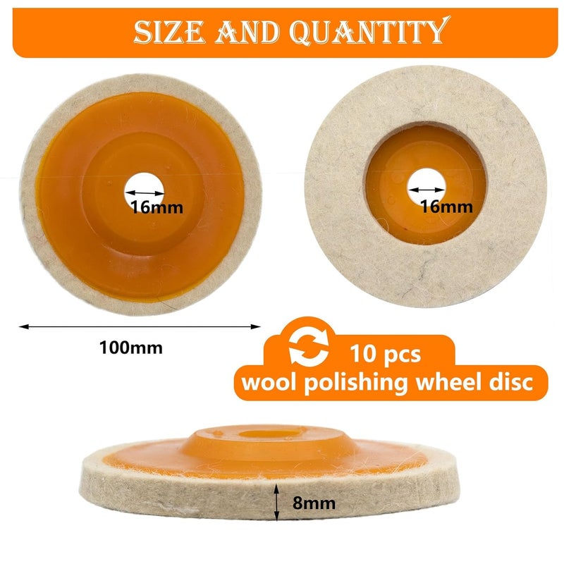 Tworider 10 Pcs 4 Inch Wool Felt Polishing Wheel Disc,Wool Polishing Wheel Disc for 5/8" Arbor Angle Grinder, for Metal Aluminum,Stainless Steel, Chrome, Jewelry, Wood, Plastic, Ceramic, Glass - Image 2